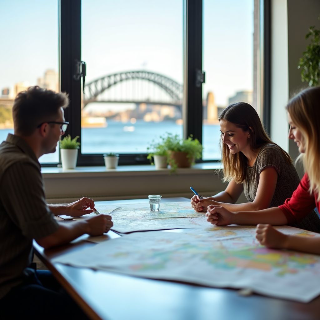 Sydney Explorer team planning session in office overlooking harbor