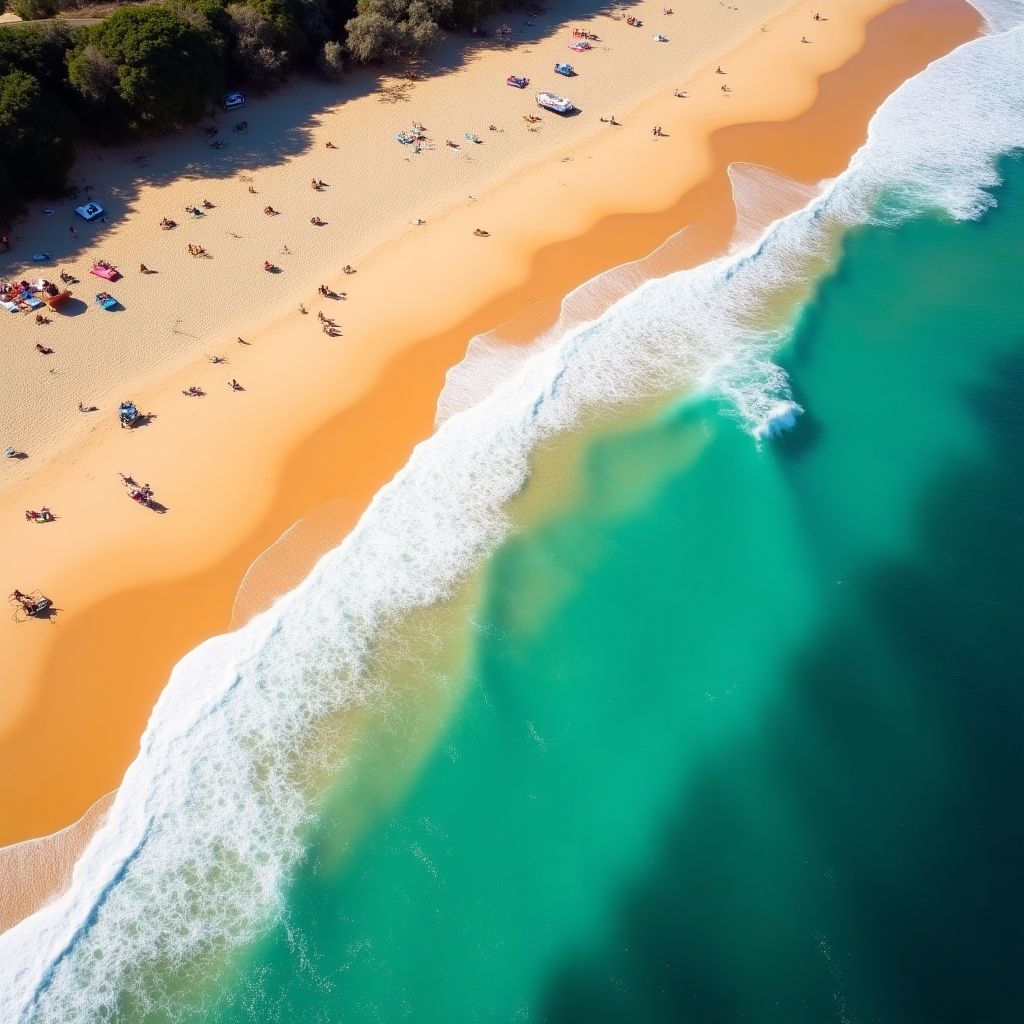 Bondi Beach with golden sands and turquoise water filled with swimmers and surfers