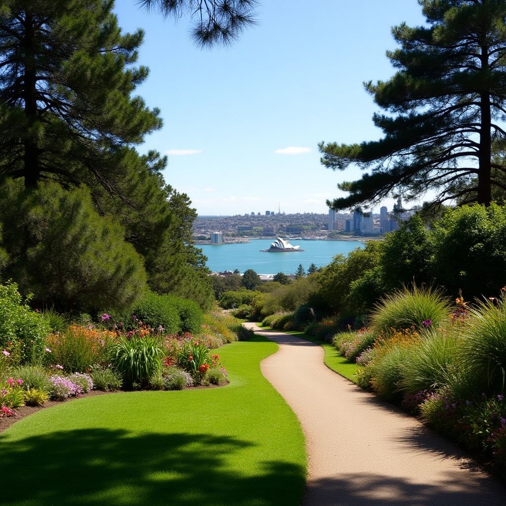 Lush gardens of the Royal Botanic Garden with Sydney Opera House visible in the background