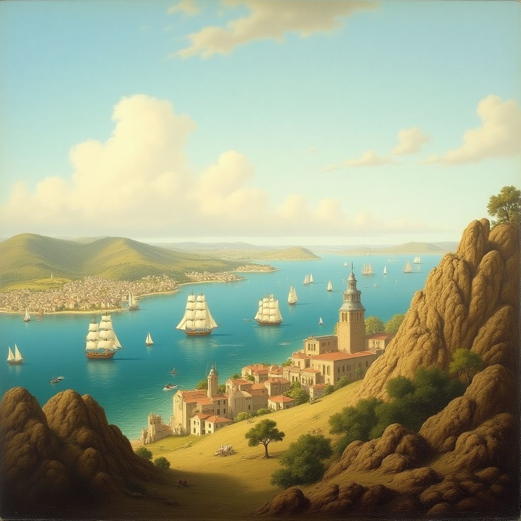 Historical painting depicting early European settlement in Sydney Cove