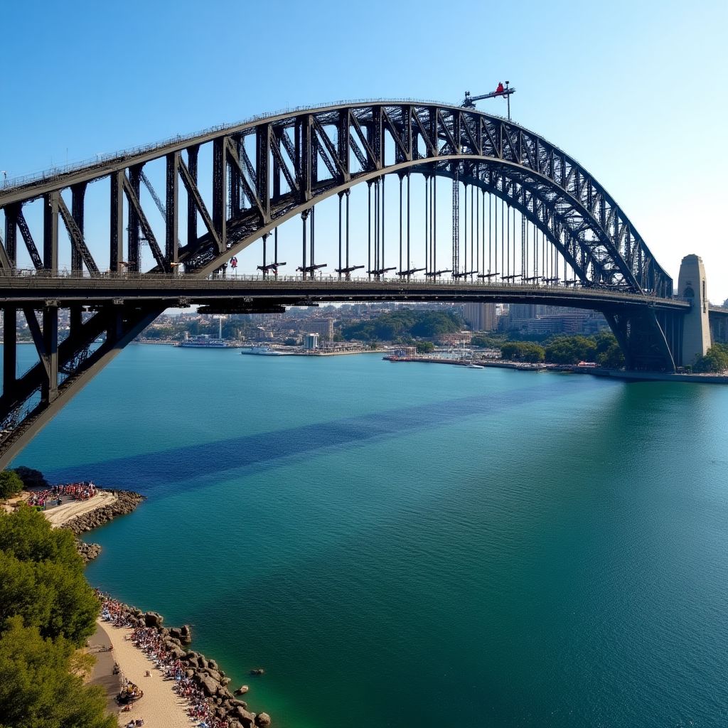 Tourists climbing the Sydney Harbour Bridge with panoramic city views
