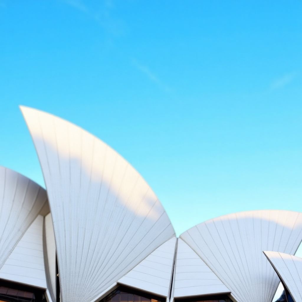 Sydney Opera House with its iconic white sail-shaped shells against blue sky