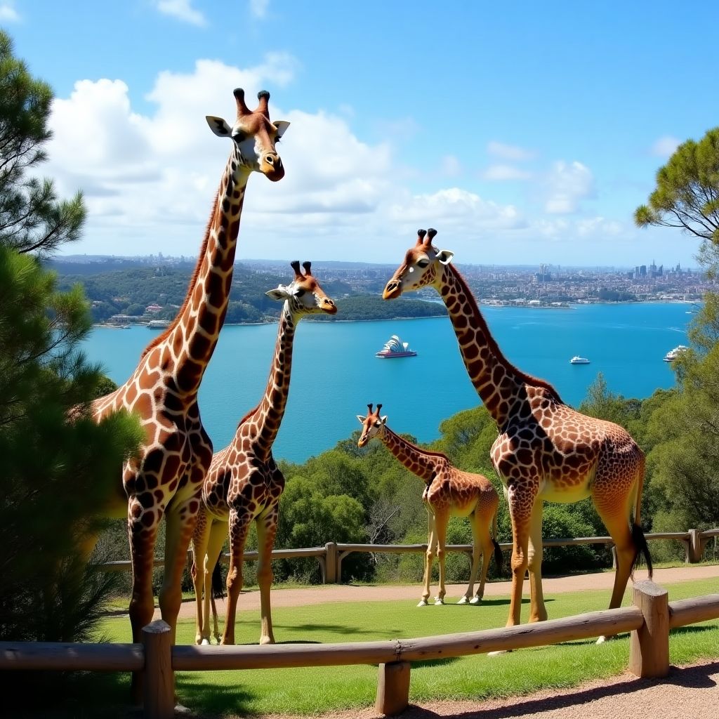 Giraffes at Taronga Zoo with Sydney Harbor view in the background
