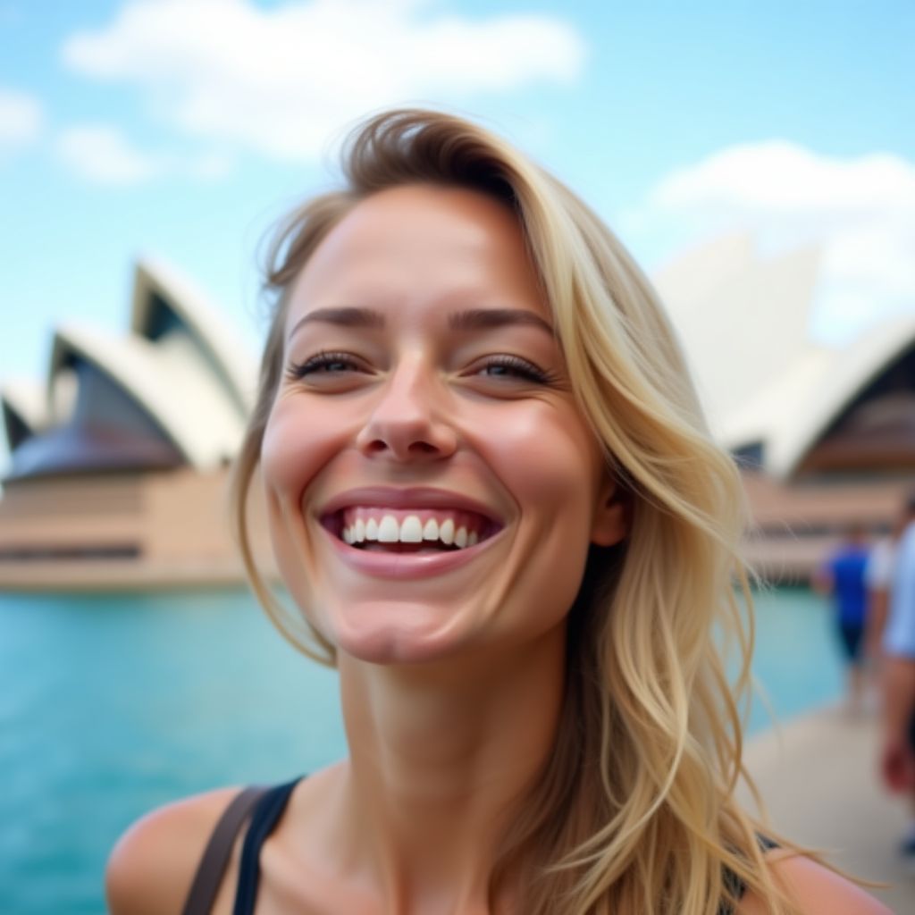 Olivia Wilson from Canada smiling at Sydney Harbor